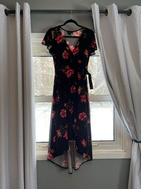 Black Floral Wrap High-Low Dress with Red Bloom